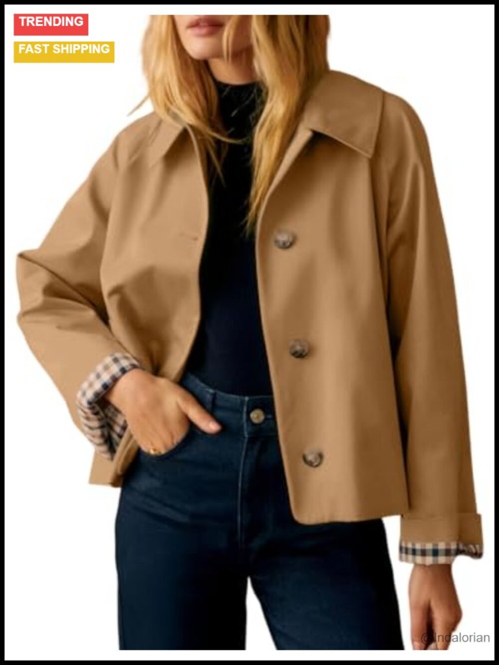 Women's Cropped Trench Coat Button Down Jacket with Plaid Lining Pockets